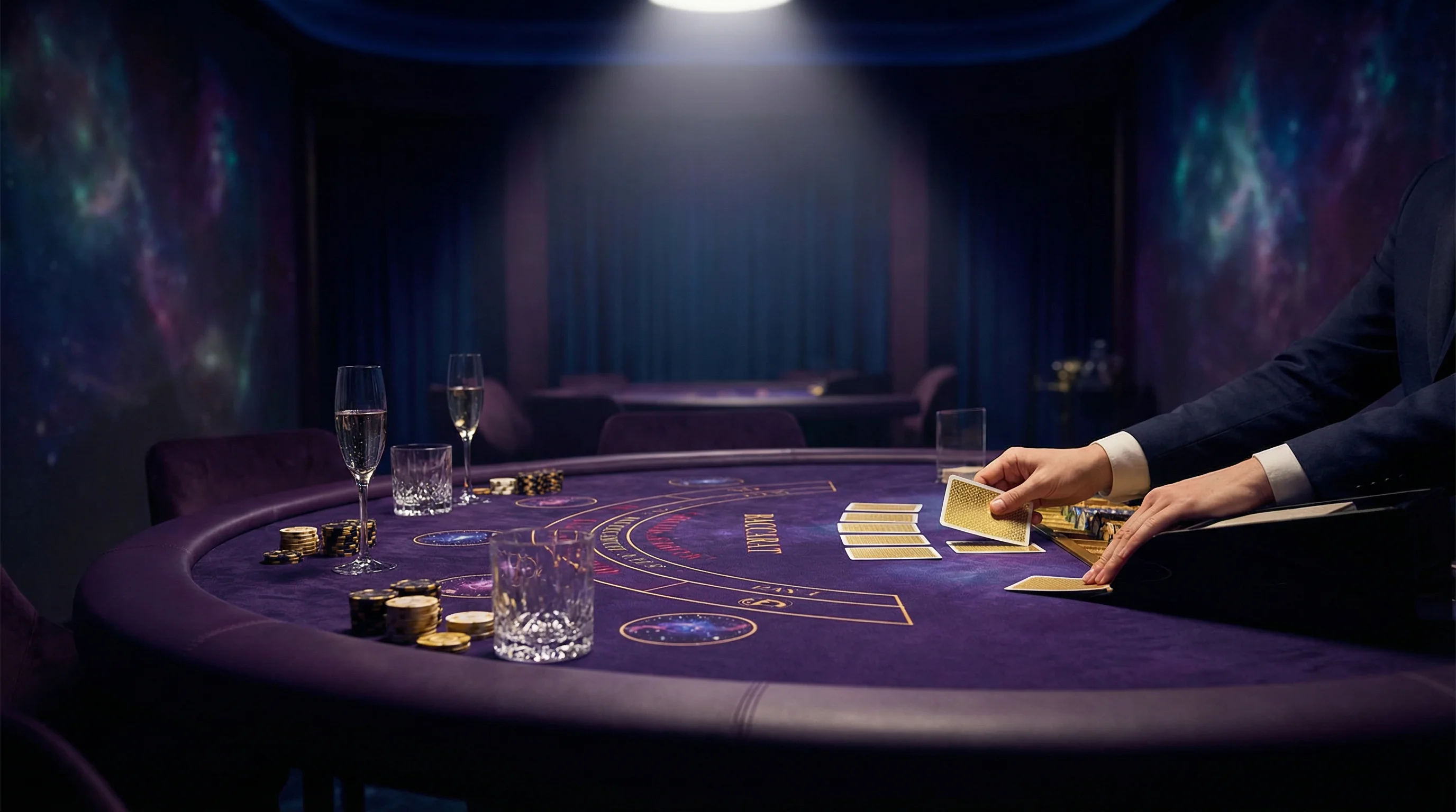 Mesa de bacará luxuosa com cartas sendo distribuídas